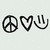 Three black pixelated symbols on a light gray background: peace sign, heart shape, and hand gesture with fingers extended.