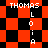 Red and black checkered background with white text reading "THOMAS" above vertical "LOIA" in two side-by-side