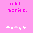 Pink background with 'alicia mariee.' text and five white/pink heart icons, where the third heart changes from white to pink between frames.