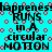Cyan background with red circular dots and black text repeating 'happens runs in a circular motion' in pixelated font.