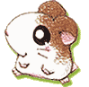 A pixelated hamster with white and brown fur, large black eyes, pink inner ears, and a green outline appears in two side-by-side poses.