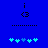 Blue background with black 'i' and '<3' symbols above dotted lines, plus five cyan pixelated hearts below.