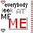 Pixelated icon with text 'everybody look AT ME' and two heart symbols on a light background.
