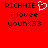 Red background with black pixelated text reading "RICHIE<3 i lovee youh<33" and a white heart symbol replacing the '<3' in the first line.