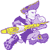Pixelated figure in purple and white attire holding a yellow staff, wearing a tall purple hat with brown trim, set against a plain white background.