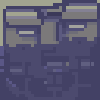 Pixel art composition with layered geometric shapes in muted purples, grays, and beige tones forming abstract structures against a dark background.