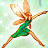 A pixelated cartoon fairy in a green dress with orange wings and limbs, positioned next to bright green text on a dark background.