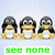 Pixelated penguin icons in three with green text labels below each , set against a light blue background with scattered white dots