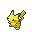 Pixelated yellow cartoon character with black-tipped ears and tail, red cheeks, white eyes with black pupils, running pose in two sequential frames showing motion progression against gray background.