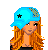 Pixel art contact sheet showing three frames of an animated buddy icon with a character wearing blue accessories and text reading "who said blondes have more fun??"