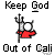 Pixelated image with text 'Keep God Out of Cali' surrounding a red-shirted figure holding a trident-like object against gray background.