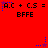 Red background with repeated black text 'A.C + C.S = BFFE' and blue/purple star-like pixel clusters that shift position across frames.