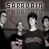 Static pixelated image of a band with text above, featuring five figures in dark clothing against a gray background with red accents.