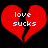Two identical red broken hearts with white text 'love sucks' on black background, pixelated style.