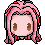 Pixel art contact sheet of three animated frames showing a character with pink hair and brown eyes in different expressions against gray background