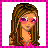 Pixelated image of a woman with long brown hair wearing pink sunglasses and an orange top, next to the text 'Gangsta' on a white background bordered by magenta checkered pattern.