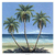 Three palm trees on a beach with blue sky and ocean in the background, rendered as pixelated static image.