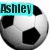 A soccer ball icon with changing text overlays: 'Ashley' top-left, 'IS' center, 'Cool' bottom-right, all in black font on cyan backgrounds.