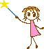 A 4-frame animated contact sheet showing a stick figure girl with brown hair and pink dress holding a blue wand with star tip, each frame displaying different colored stars (yellow, white, light blue, pale blue) against gray background.