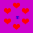 Red pixelated hearts and blue 'm' symbols on a purple background with some blurred heart shapes.