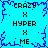 Pixelated blue background with dark blue jagged border, displaying repeated text "CRAZY", "HYPER", and "ME" in black block letters separated by "X" symbols.