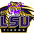 Pixelated tiger head above 'LSU' text with purple and gold colors, showing three variations of overlaid text.