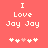 Red background with white pixelated text reading "I Love Joy Joy" and a of five pixelated symbols below, where the third symbol changes from white to light pink between frames