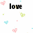 Pixelated text 'love is a strong word' appears over scattered heart shapes in pastel colors on white background.