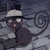 Animated cartoon cat with dark gray fur, white hat, and pink cheeks sits on stone surface against blue-gray background.