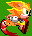 Pixelated character with orange-yellow hair and green eyes in two side-by-side poses against a solid green background.