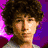 A pixelated image shows a person with curly brown hair against a purple and pink gradient background, with a of colored shield-shaped icons below