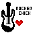 Pixel art of two electric guitars with red hearts and 'ROCKER CHICK' text, one in black-and-white, the other in red.