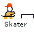Pixel art skater character in orange cap and yellow shirt performing tricks on black ramps against gray background, with one frame showing additional blue-shirted figure and text "ticket!".