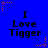 Blue background with repeated text "I Love Tigger" in black, surrounded by orange and purple star-shaped pixel clusters.