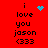 Red background with black text reading "i love you jason <333" and blue pixelated heart or star symbols in different positions.