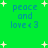 Green background with blue text reading 'peace and love<3' surrounded by white star shapes in a pattern