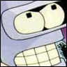 Close-up of a cartoon robot face with large round eyes, black square pupils, and a grid-patterned mouth, rendered in light blue and yellow tones.