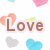 Pixelated image with the word 'Love' in brown letters, surrounded by multiple heart shapes in pink, blue, and gray tones.