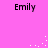 Pink background with four instances of the name 'Emily' in black pixelated text, each with scattered white dots forming a trail-like pattern.
