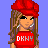 Pixel art of a female character in red attire with 'DKNY' text on shirt, standing against blue background with yellow '100% Party Girl' text below.
