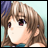Pixelated anime-style character with brown hair and red eyes, shown in two side-by-side frames with slight head movement.