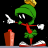 Pixelated cartoon character with green body and red limbs holding a white object, standing next to an orange bottle on black background.