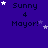 identical pixelated text elements on a purple background, each displaying "Sunny 4 Mayor!" with scattered white and light-purple stars