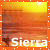 Pixelated sunset scene with orange border and white dots, featuring 'Sierra' text at bottom left over dark silhouette.