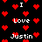Black background with red pixelated hearts and white text reading 'I Love Justin' scattered across the image.