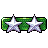 Two white five-pointed stars with purple outlines on a green pixelated background, each star has a small black top point.