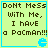 Light green square with cyan border contains brown pixelated text and a blue Pac-Man icon, repeated in four identical
