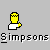 Pixelated cartoon characters with yellow skin and blue hair appear in various poses holding a black object, with text reading 'Simpsons' repeated below each