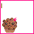 Pixelated cupcake icon with pink bow, brown chocolate chips, and smiling face, displayed in a of text variations