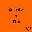 Orange background with repeated 'Annie + Tim' text and pixelated symbols changing across frames.